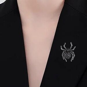 Black Spider Brooch, Rhinestone, Crystal, Lapel Pin Black Widow, Goth, Halloween